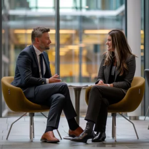Homme et femme pratiquant une conversation en anglais