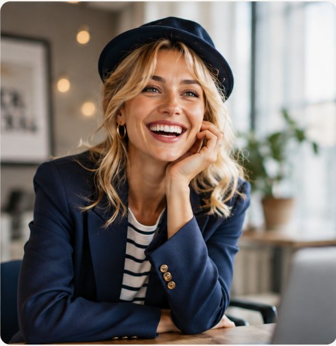 Femme souriante en blazer marine consultant les prix des formations d'anglais CPF