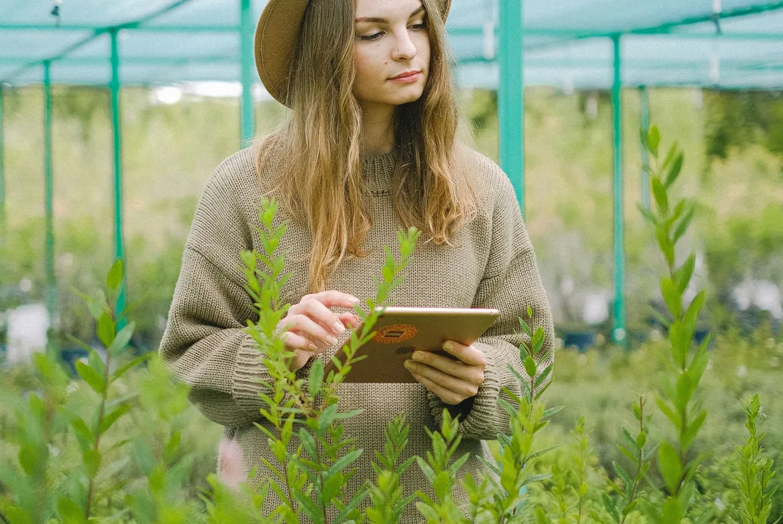 Agronome relevant des donnees sur tablette dans une serre, formation anglais agricole Cabinet Action