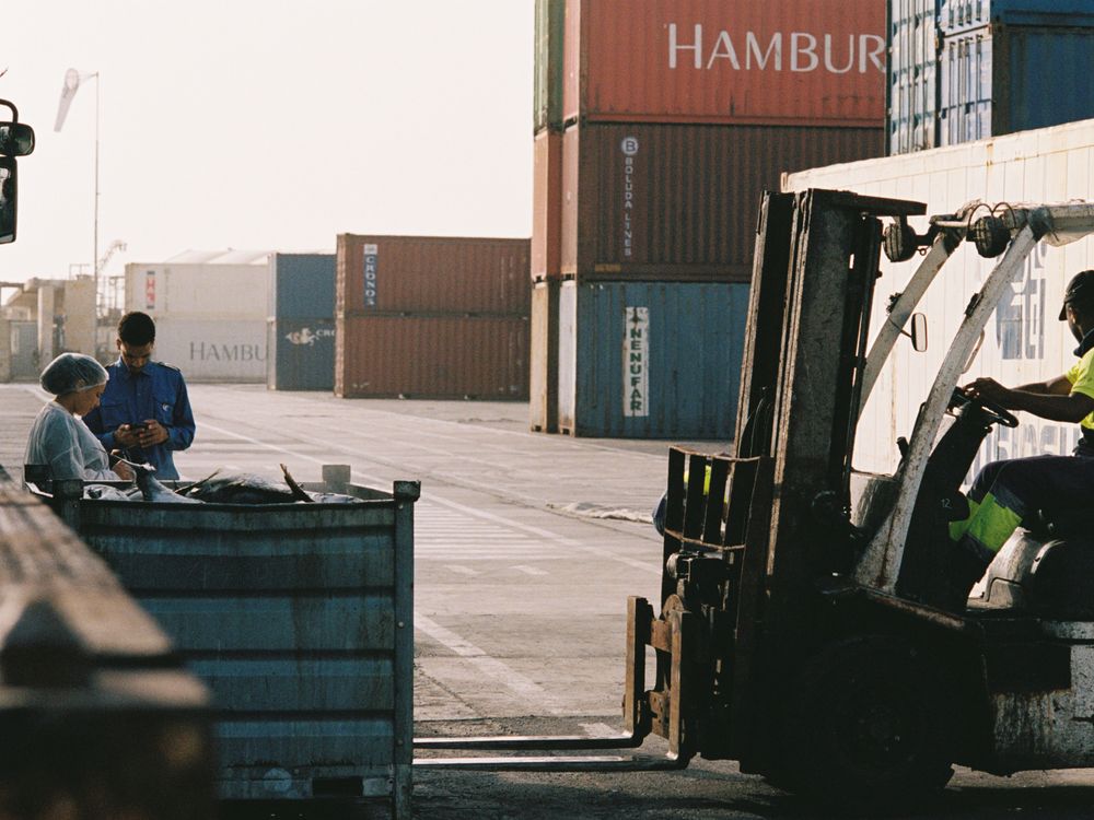 Conteneurs et chariot dans un port de transbordement, formation anglais transport et supply chain